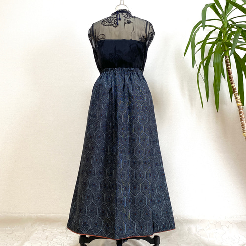 大島紬着物リメイクウエストゴムロングスカート送料無料フリーサイズ1  