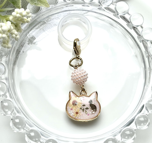レジン アンブレラマーカー チャーム 猫② レジン ひまわりと猫