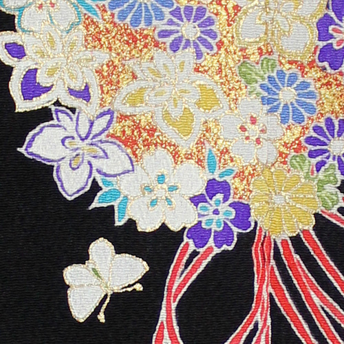 薬玉模様蝶々のミニチュア着物手描京友禅 黒地(絹100%) その他
