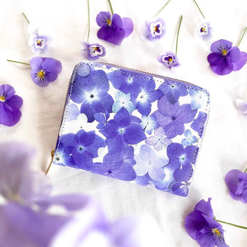数量限定3点 夏の福袋】『紫陽花柄』押し花レザーミニ財布+限定ミラー