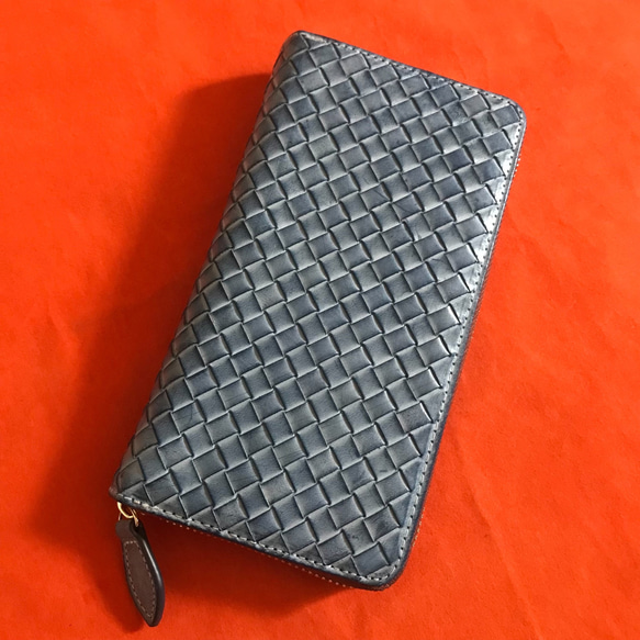 色選択　ハンドメイド 新品 ブライドレザー ヌメ革/本革 編み込み　メンズ財布　長財布　 ラウンドファスナー 6枚目の画像