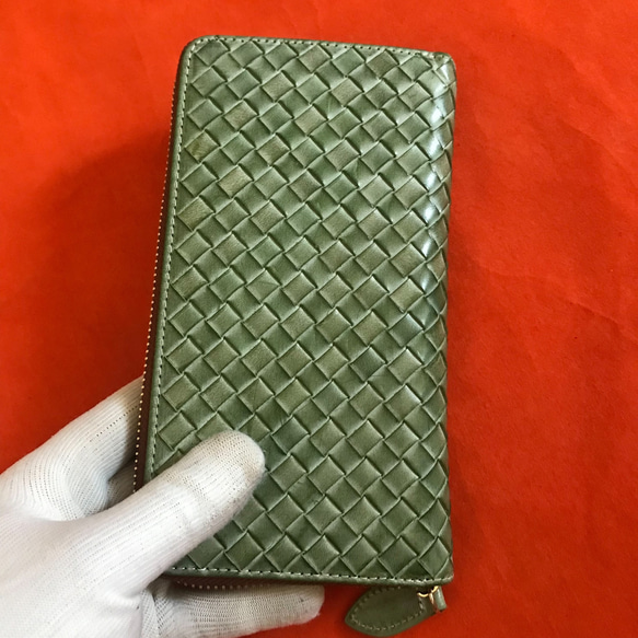 色選択　ハンドメイド 新品 ブライドレザー ヌメ革/本革 編み込み　メンズ財布　長財布　 ラウンドファスナー 4枚目の画像