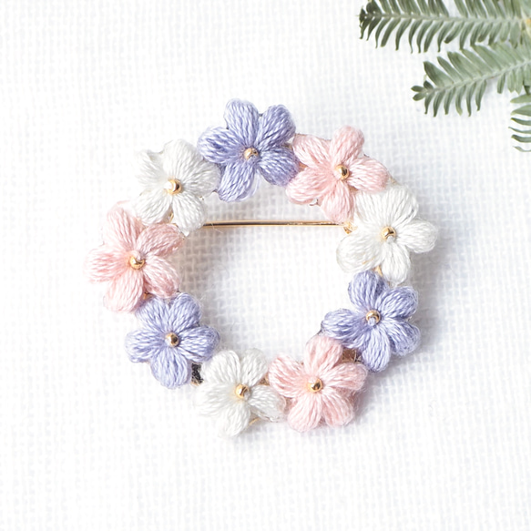 立体フランス刺繍 ミモザのリース ブローチorヘアゴム 送料無料