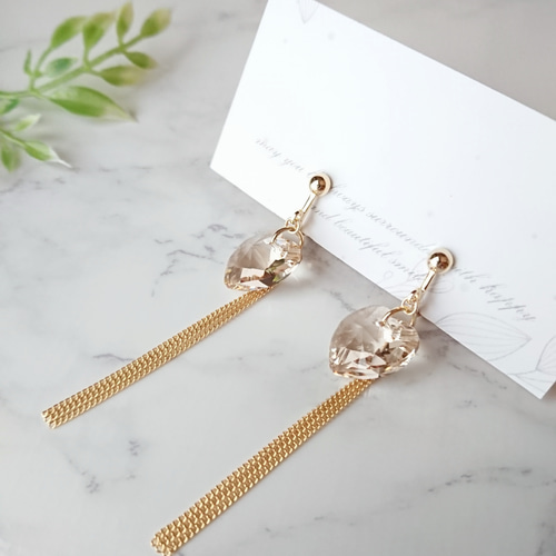 スワロフスキー ＊ チェーン イヤリング / ピアス ハート 大人可愛い