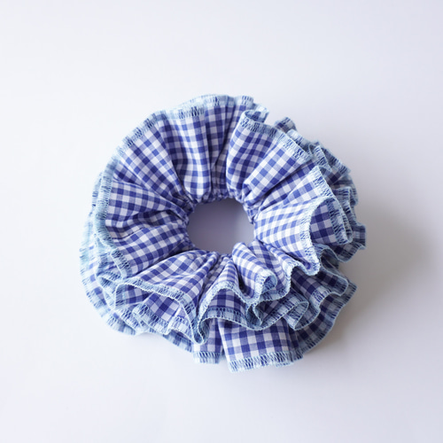 青ギンガムチェック×水色】4層フリル ビッグシュシュ シュシュ Bit a