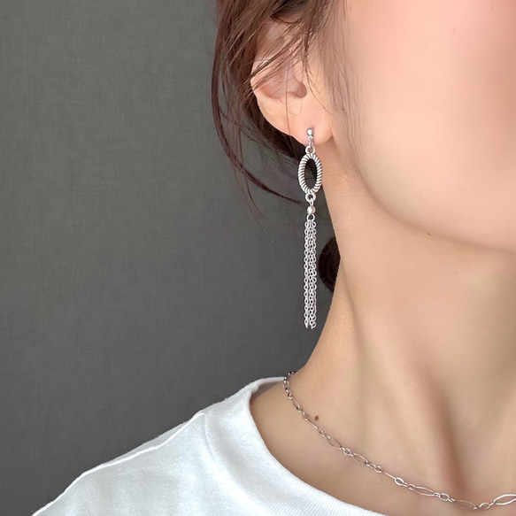 826 再販 シルバー ネイビー チェーン ピアス イヤリング