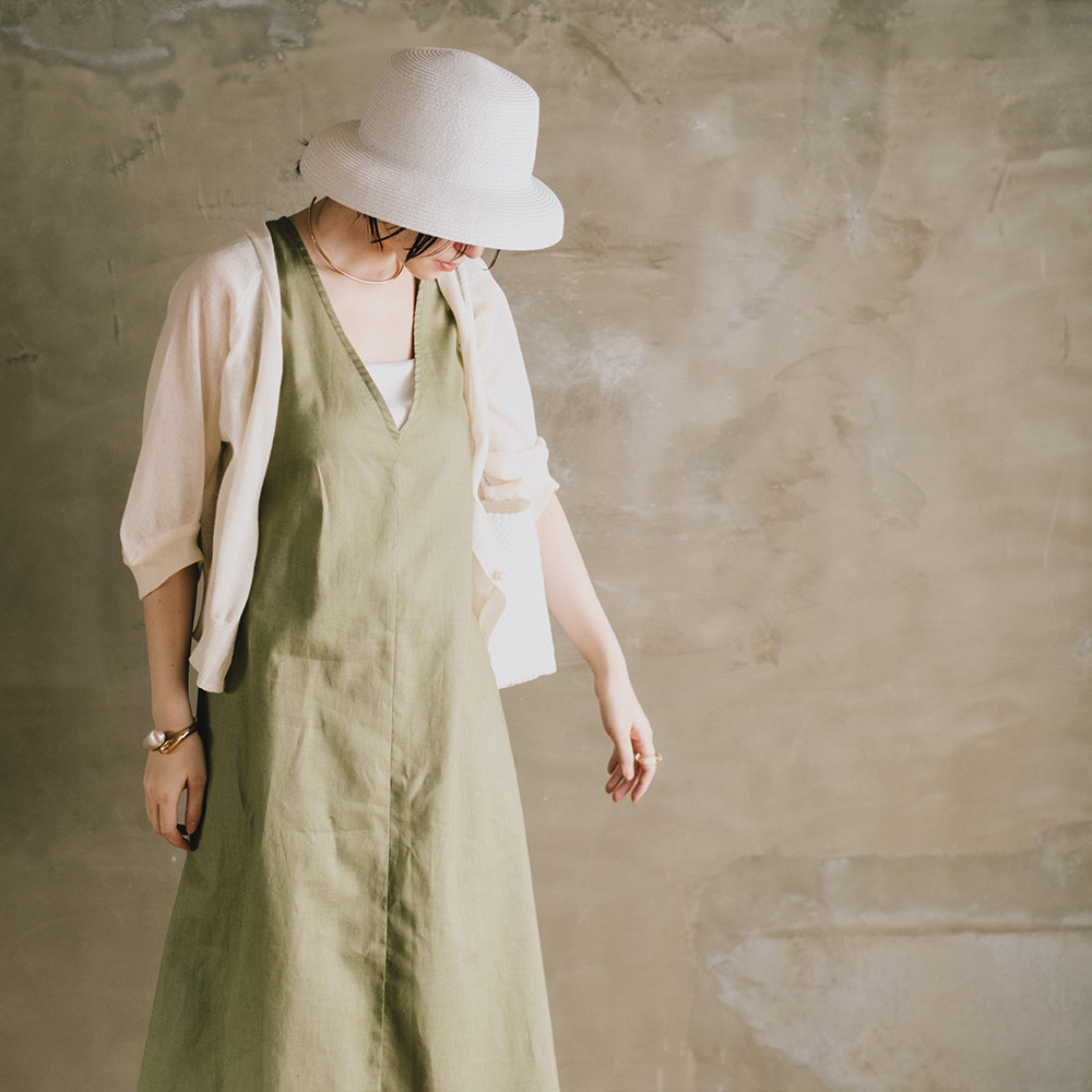 接触冷感 ハーフリネン Vネック ジャンパースカート ジャンバースカート ワンピース くすみグリーン