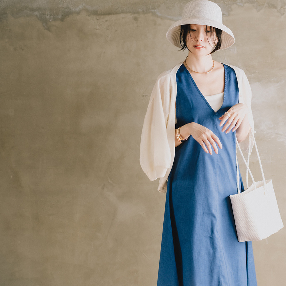 接触冷感 ハーフリネン Vネック ジャンパースカート ジャンバースカート ワンピース ブルー