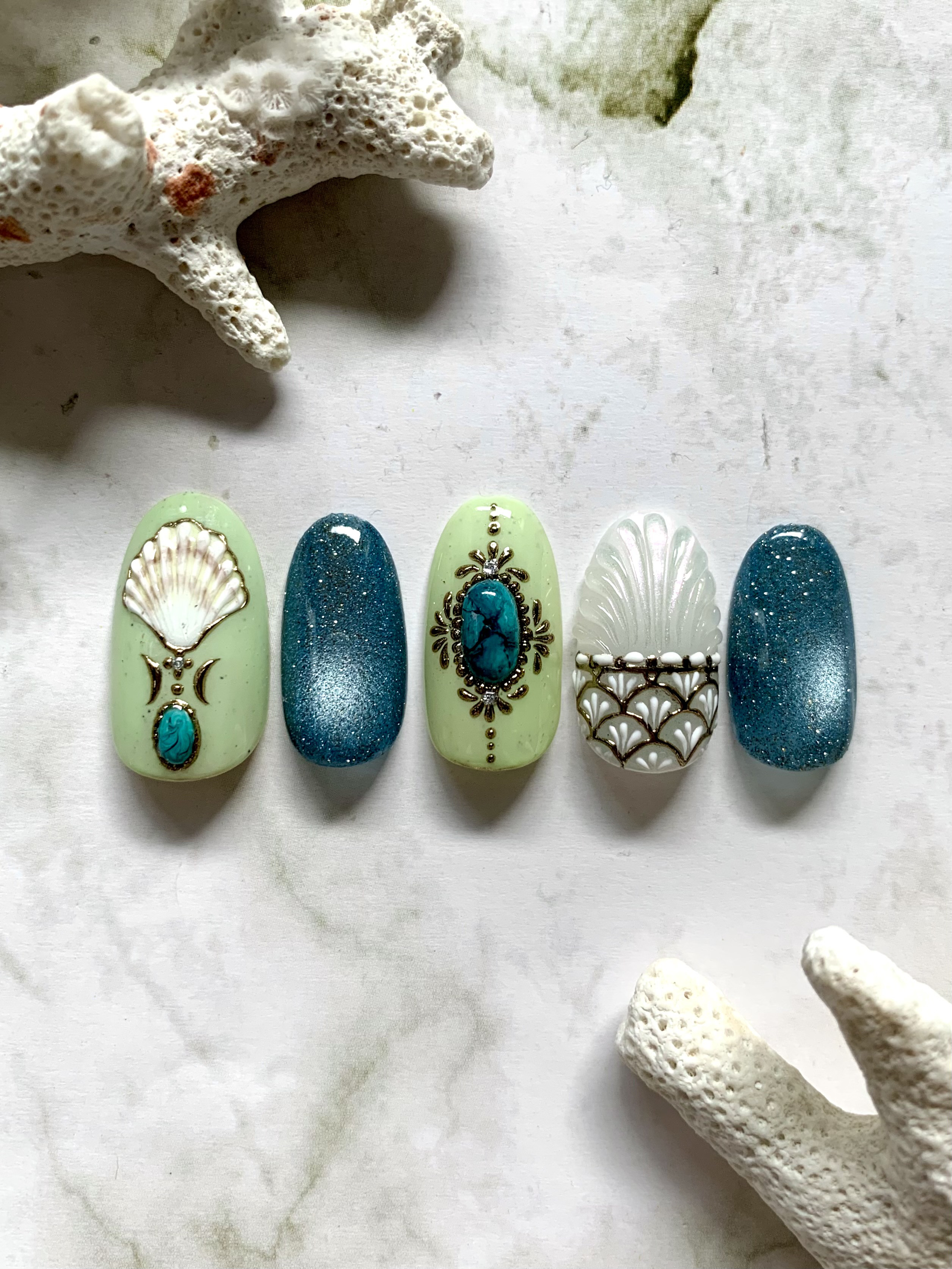 ❤❤チイコ（3点）大粒美品〚オパール 〛✨✨ No.36 Turquoise Shell/ネイルチップ/夏ネイル/ターコイズ/貝殻