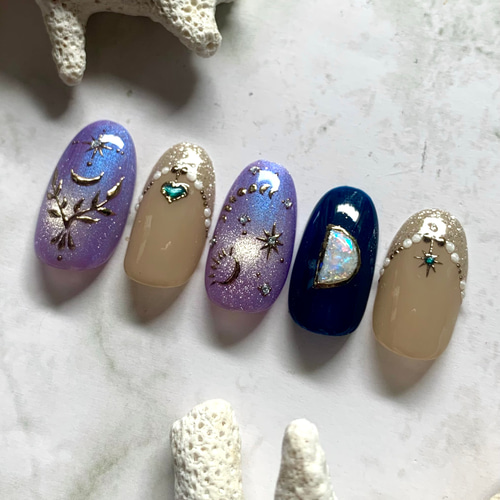 No.37 Opal Moon gem/ネイルチップ/夏ネイル/マグネットネイル/月/星座