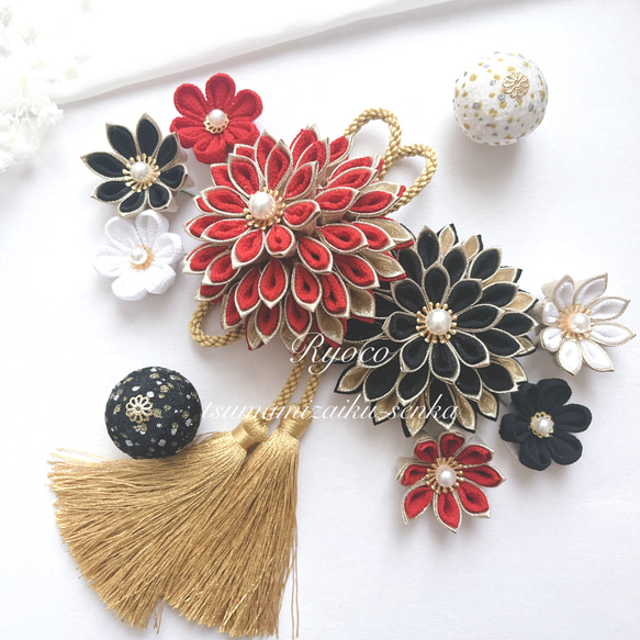 深紅×黒×金】卒業式 成人式 結婚式 七五三 つまみ細工髪飾り 赤 白 黒