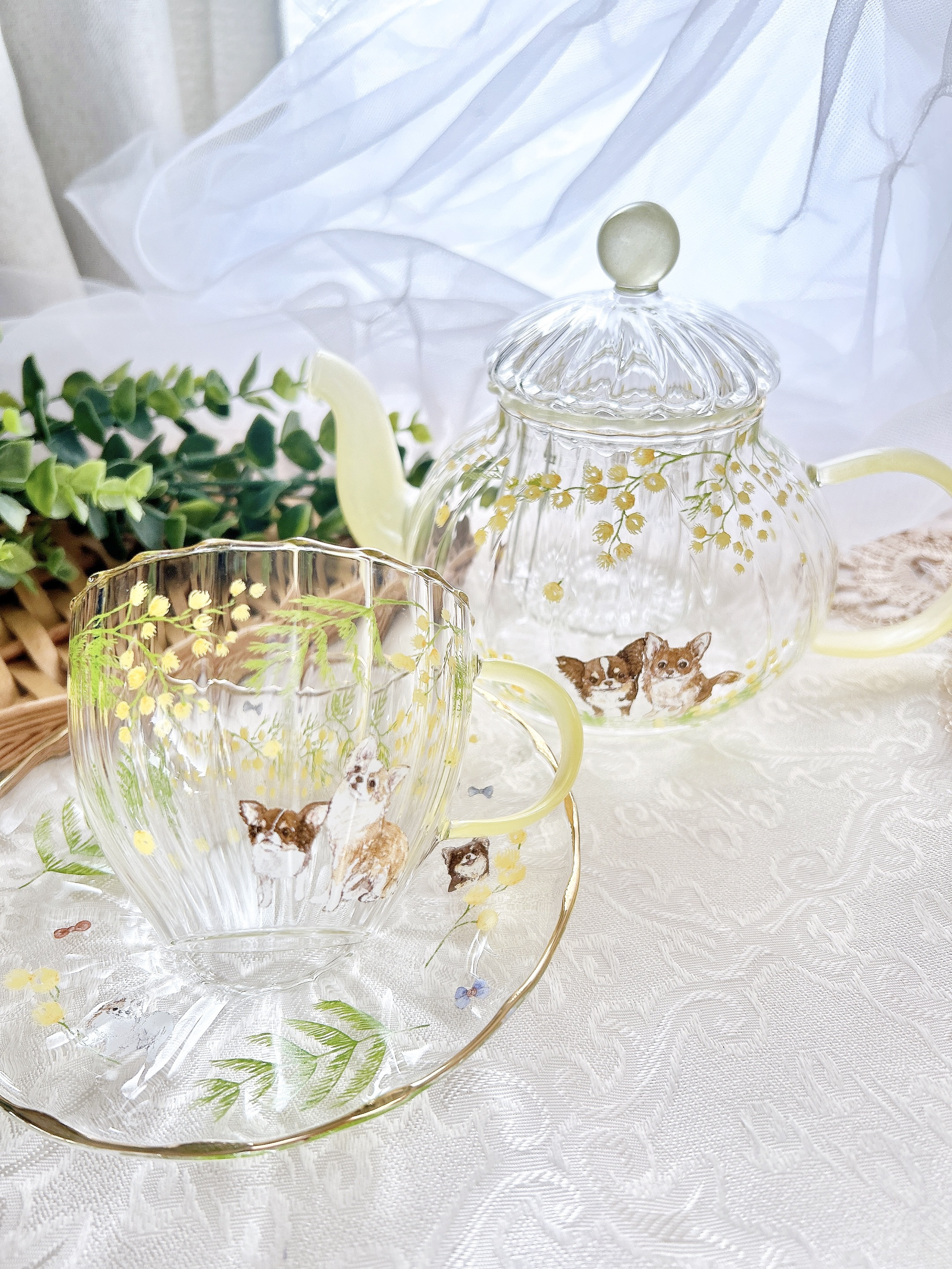 ミモザとチワワの耐熱ガラスティーポット&カップ&ソーサー