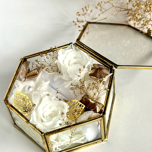 リングピロー ガラスケース ホワイトゴールド プリザーブドフラワー