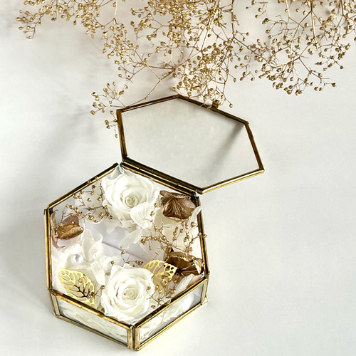 リングピロー ガラスケース ホワイトゴールド プリザーブドフラワー