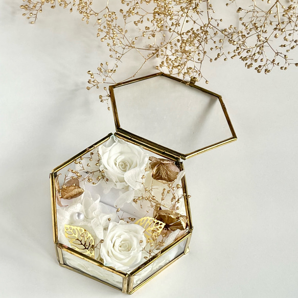 リングピロー ガラスケース ホワイトゴールド プリザーブド