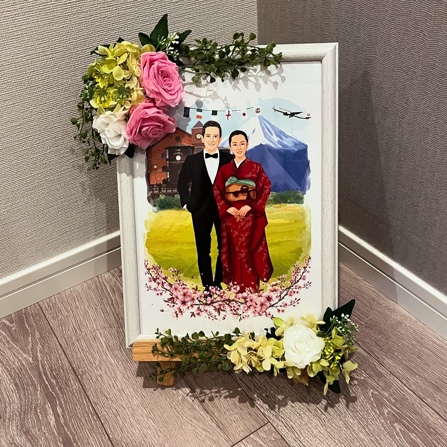 【オーダーメイド】デジタル似顔絵　ウェルカムボード　プリザーブドフラワーフレーム　データ納品　結婚式　ウェディング