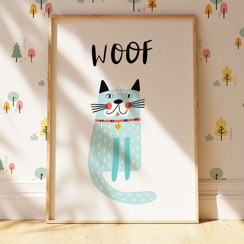 子供向けアートポスター WOOFテキスト入り猫アート ナチュラル