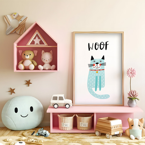 キッズポスター ブルーキャット WOOF カラフル 可愛い 北欧風 シンプル
