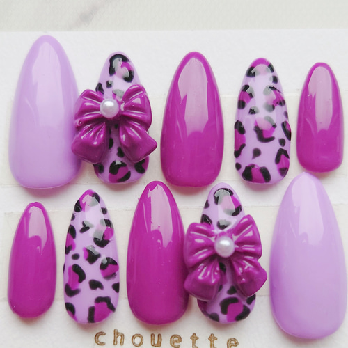 ネイルチップつけ爪 ヒョウ柄レオパード柄 リボン パール 紫パープル  