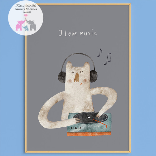 ロンパールーム おしゃれゲーム ポピーチラシ付き 子供向けアートポスター I love music クマさんDJ グレー