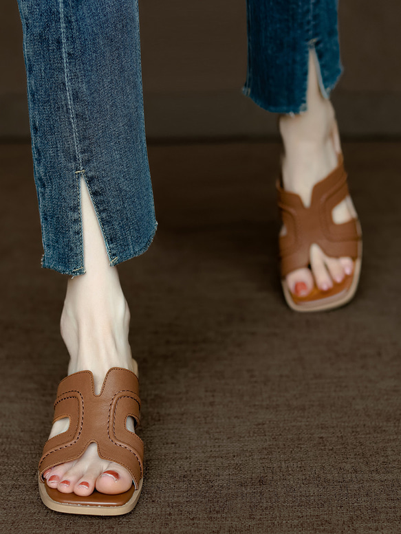 人気のサンダルをすっきりシルエットにフラットサンダル ミュール サンダル ストラップサンダル 履きやすい 木目調 旅行 3枚目の画像