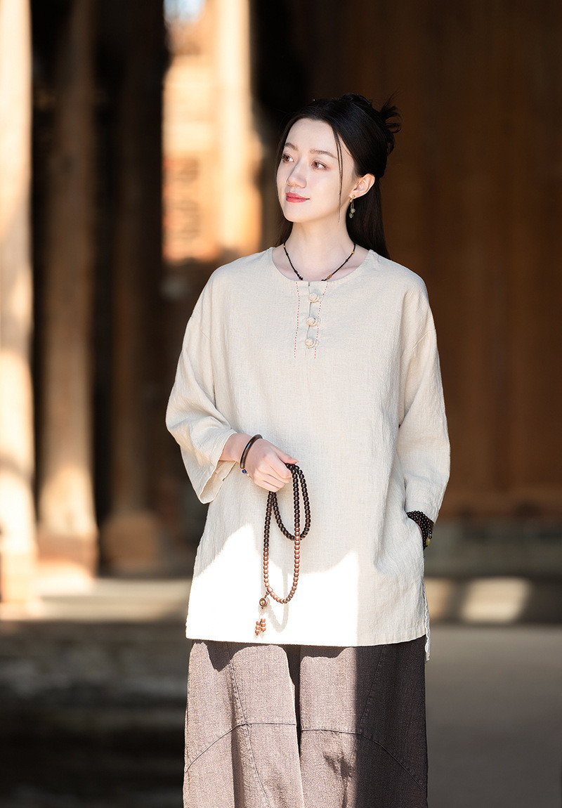 新作 女性用 綿麻素材 円首 ステッチ入り 盤ボタンTシャツ8302