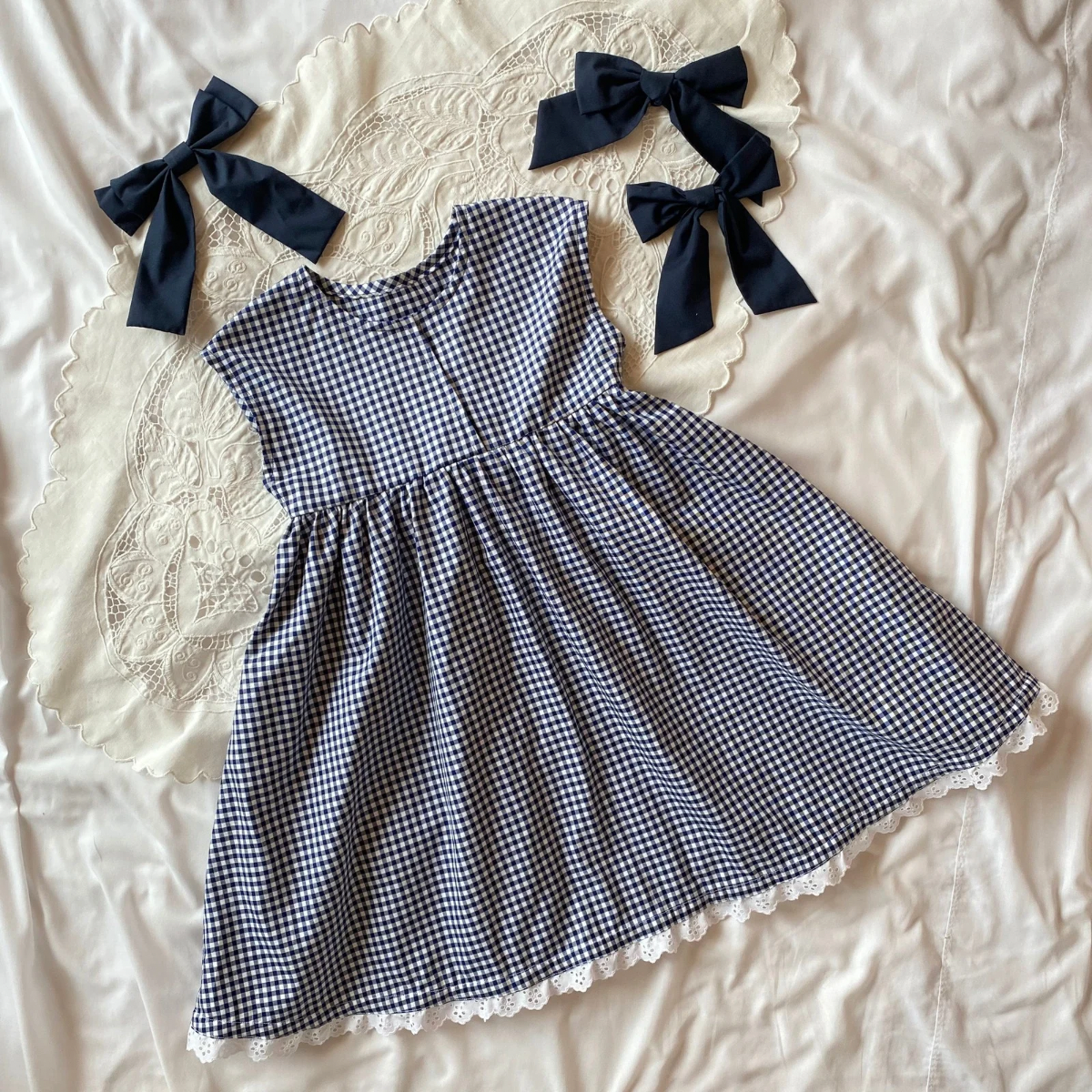 ワンピース 日本製 綿100 紺 ギンガムチェック ポケット お揃い 姉妹 90,100,110,120,130,140