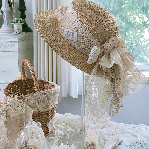 アンのカンカン帽・たっぷりレースとお花で♡（麦わら帽子・帽子