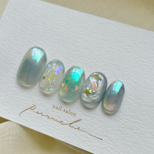 ［36］ネイルチップ マグネットネイル うるうる 夏 偏光 ぷっくり オーダー ネイルチップ 奥行 シンプル バイカラー 偏光 マグネットネイル