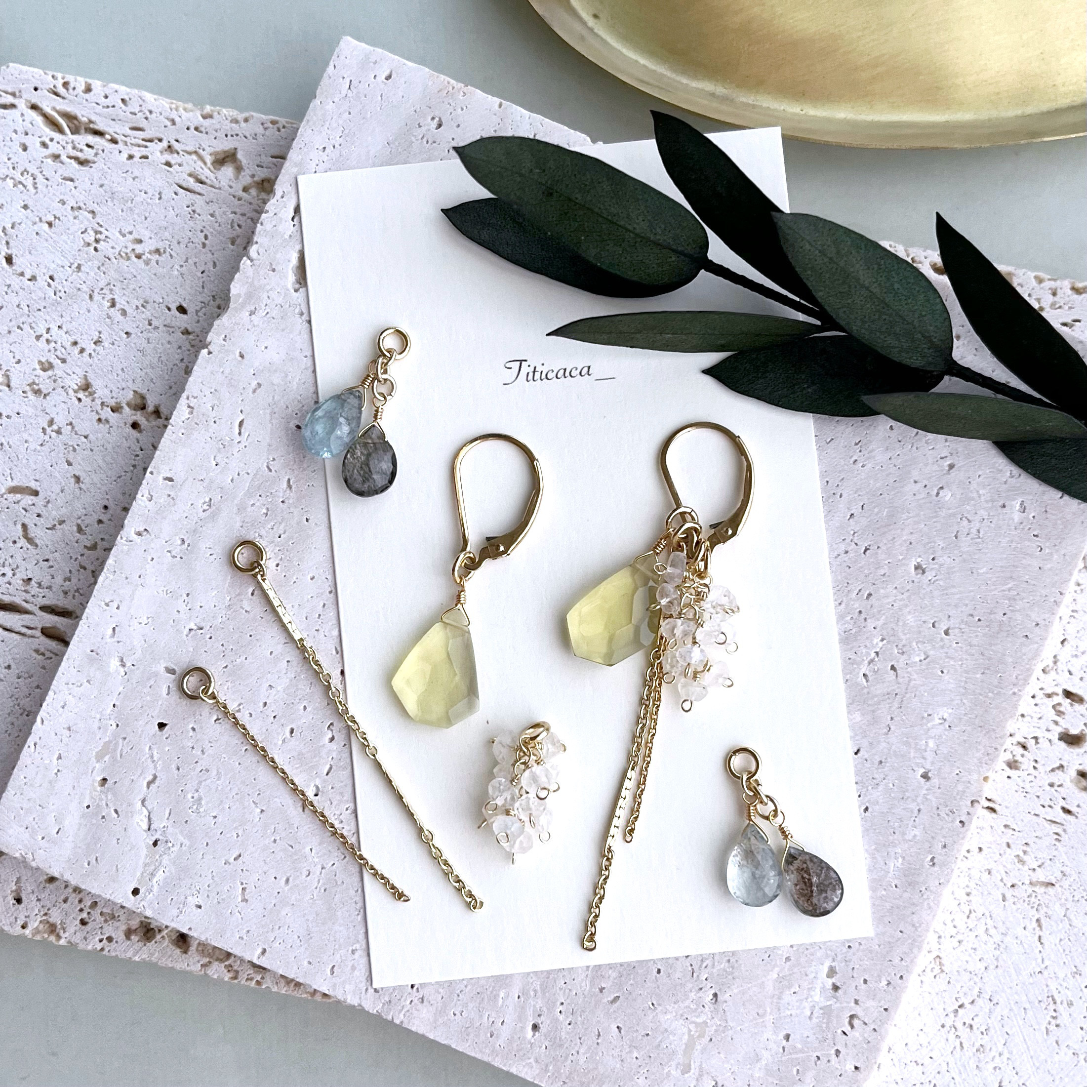 レモンクォーツ、モスアクアマリン、ブルームーンストーンの【チャームセット】