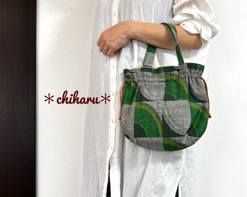 着物巾着バッグ(幾何学模様、グリーン)♦︎巾着袋 着物バッグ 和洋