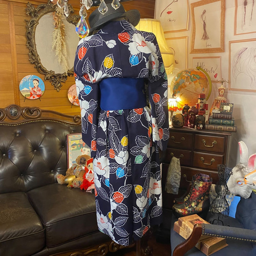 試着のみ　浴衣リメイク　ワンピース　帯サッシュベルト付き 浴衣 ハンドメイド リメイク ワンピース ドレス 帯サッシュ