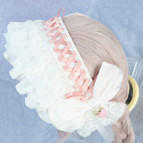 白花菱×いちご① ボンネット ヘッドドレス ロリータ 甘ロリ ヘッド