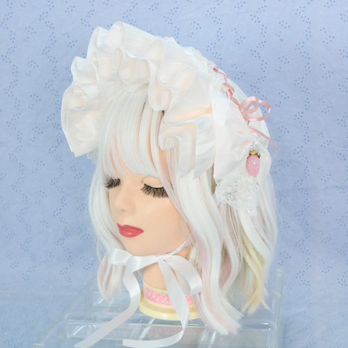 白花菱×いちご② ダブルフリルボンネット ヘッドドレス ロリータ 甘