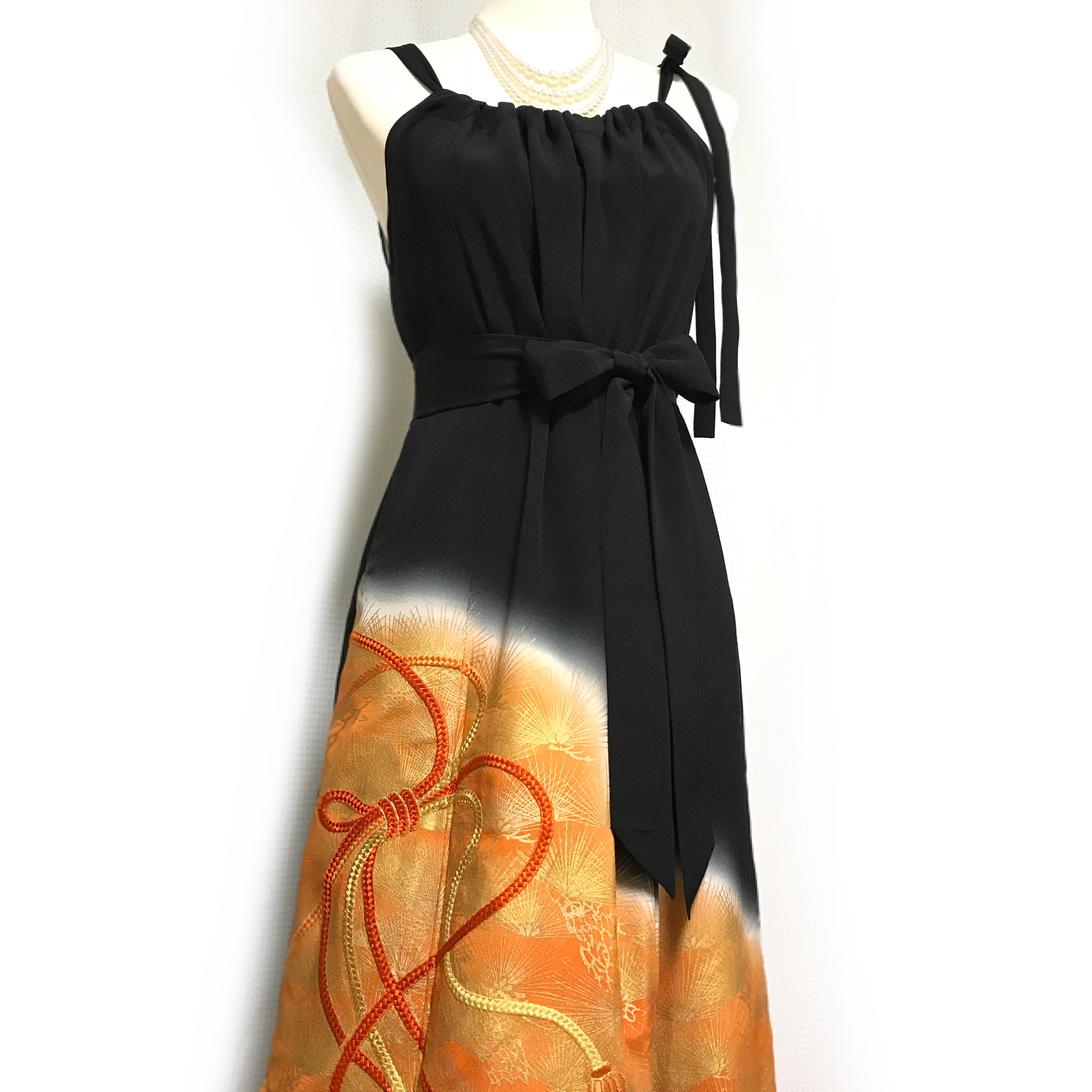 正絹】着物リメイク 黒留袖ドレス／キャミワンピースタイプ／ブラック  