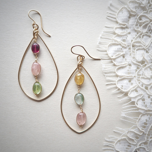 14Kgf×マルチカラートルマリンの3連ピアス(イヤリング)【1点もの 