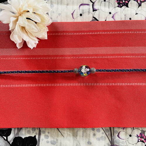帯紐 とんぼ玉 花柄ブルー 和紐青色 1点もの その他アクセサリー shi  
