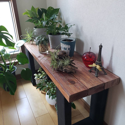 カウンターテーブル ウォールナット無垢カフェ風アンティーク観葉植物