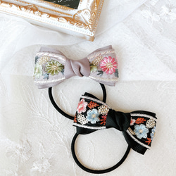 再販14】】インド刺繍☆花柄ピンクリボン ヘアゴム こども〜大人