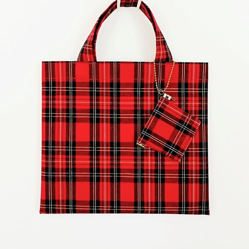 タータンチェック(レッド) ミニトート・ミニ小物入れ付( 裏ラミネート