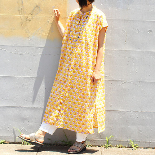 ブロックプリント前開きフレンチスリーブワンピース【イエロー  