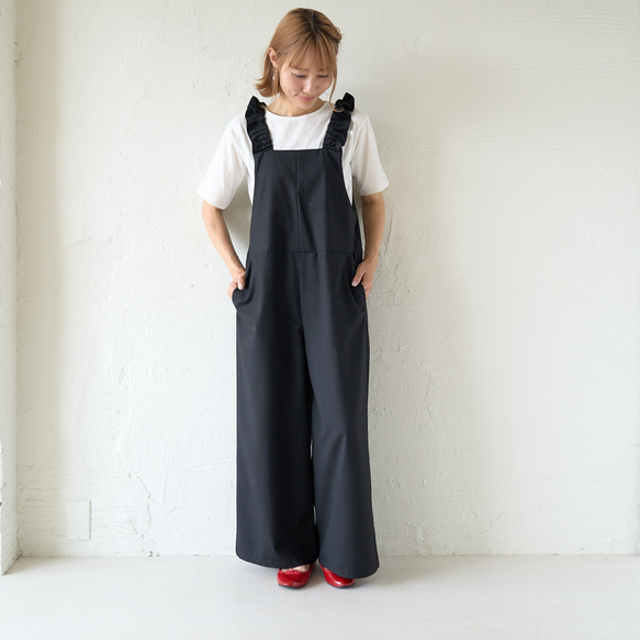 ﾓﾘﾉｶﾞｯｺｳ フリーサイズ 大人かわいい♡フリルサロペットパンツ (ブラック)｜mg-sp03-bk 1枚目の画像