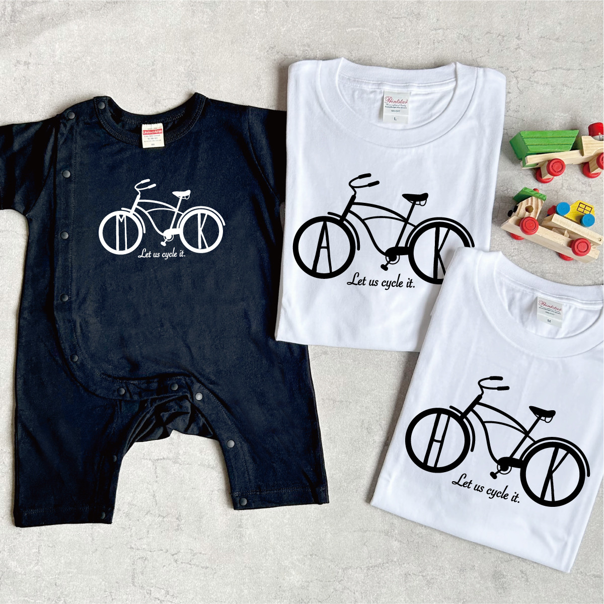 【文字オーダーOK!】3枚親子セット 自転車柄Tシャツ・ロンパース