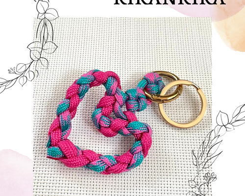 再販]パラコードのHeartチャーム/キーホルダー（ピンク＆ターコイズ