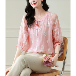 ジョゼットシルク100%】刺繡生地 フェミニンブラウス【春秋夏】ピンク