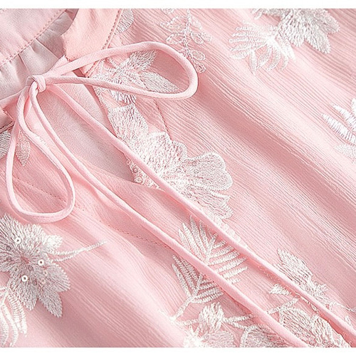 ジョゼットシルク100%】刺繡生地 フェミニンブラウス【春秋夏】ピンク