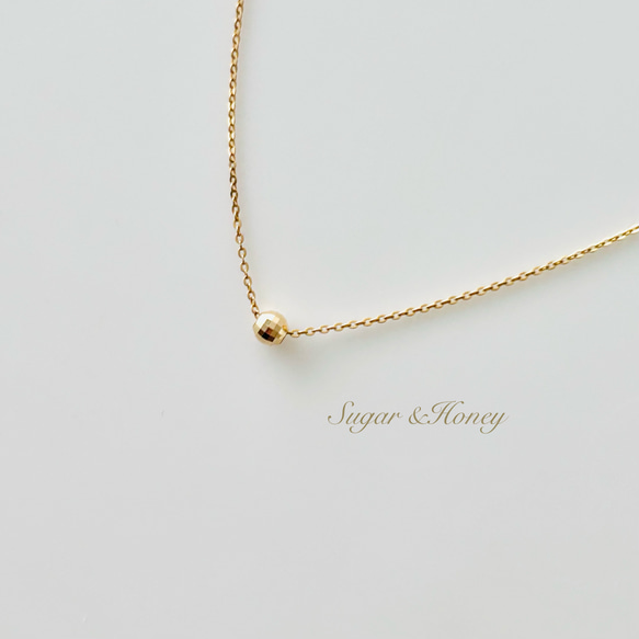 18金一粒ミラーカットボールのネックレス　アジャスター　スライド14kgfチェーン 2枚目の画像