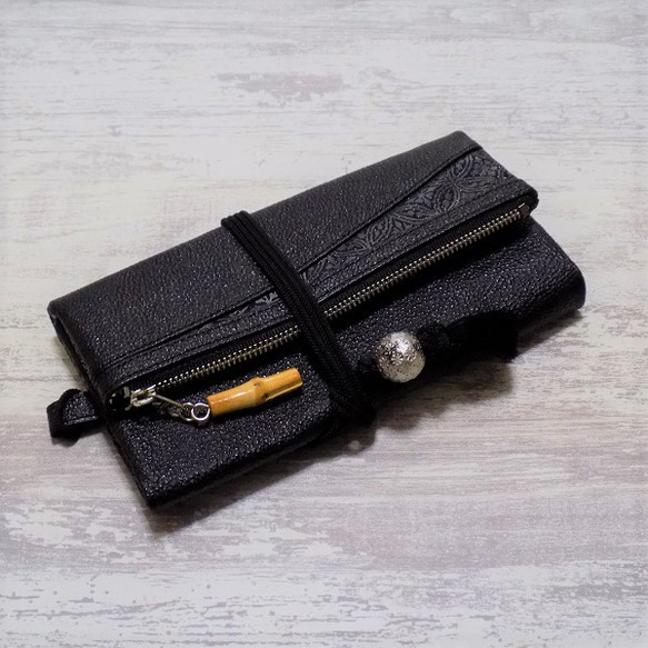Aki様 オーダー品」 金彩工芸 七宝 墨銀色仕上げ 姫路黒桟革×銀糸織 