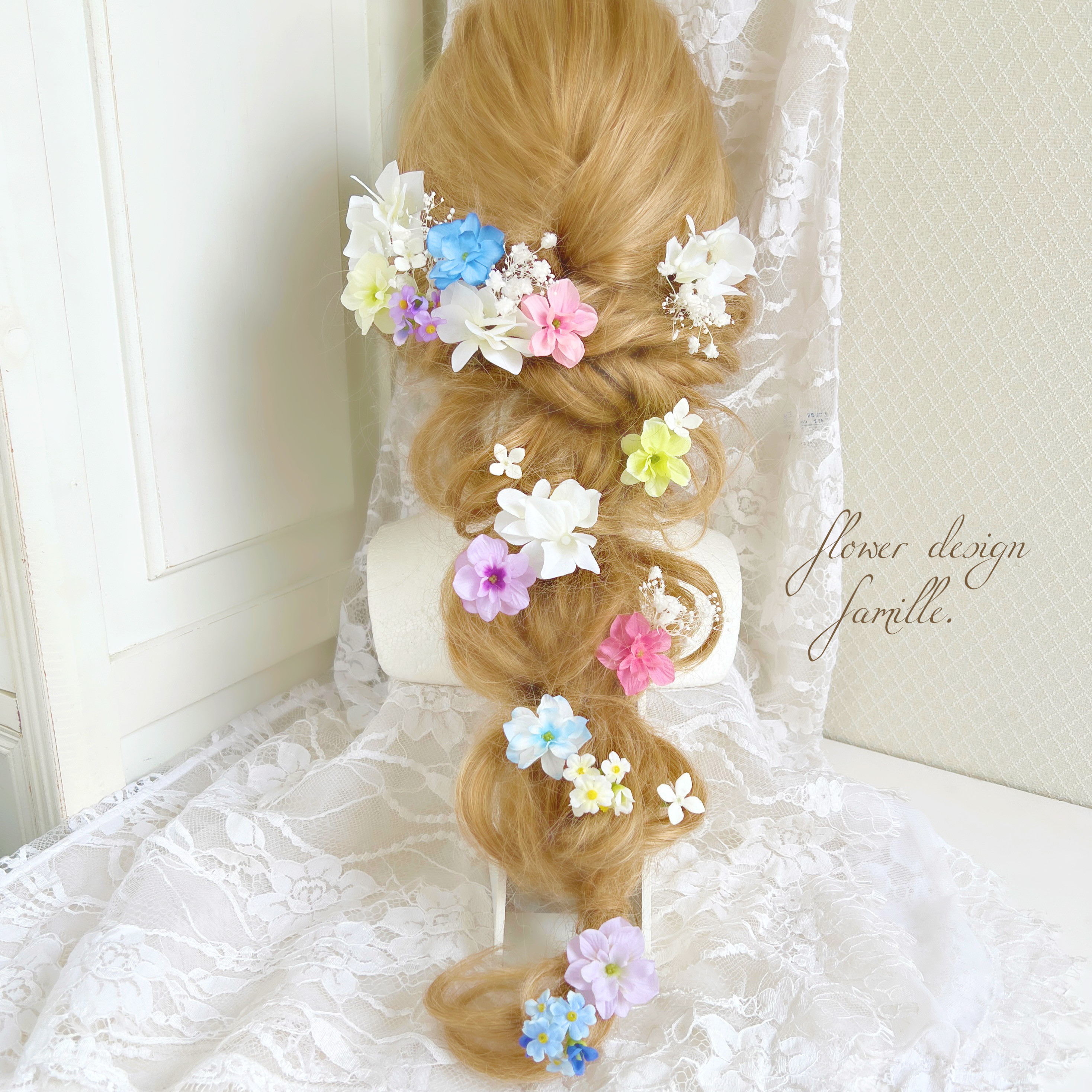 ゴールド レインボー 虹色★フラワー パール ヘアゴム ハンドメイド レジン花