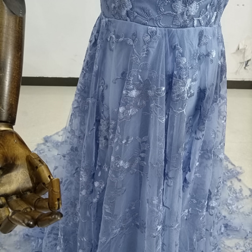 キャミソール ブルー カラードレス 背中見せ 贅沢な小花総レース  